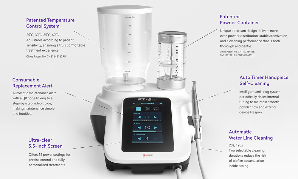 Woodpecker PT-B Mini Desktop Dental Air Polisher - Heated Water & Wireless Foot Pedal