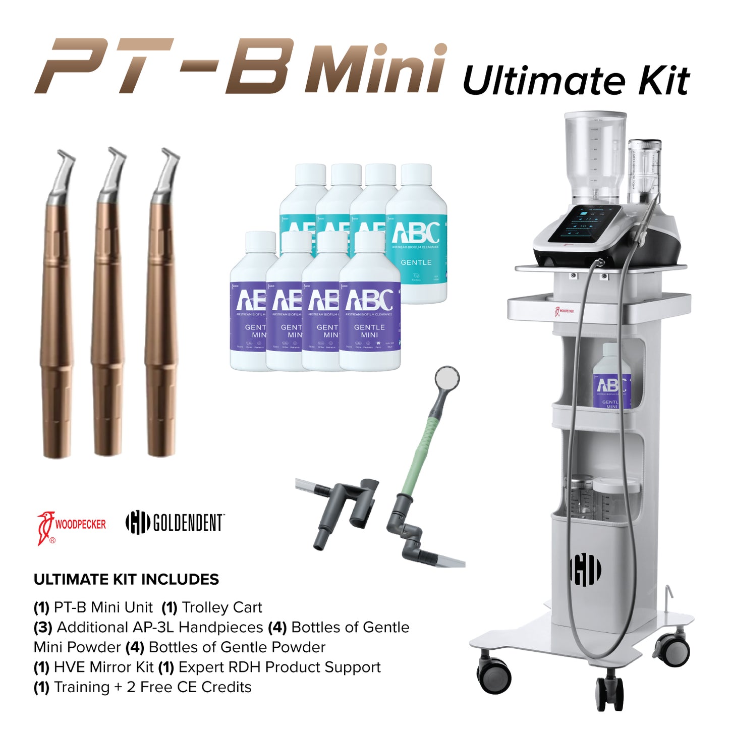 Woodpecker PT-B Mini Desktop Dental Air Polisher - Heated Water & Wireless Foot Pedal