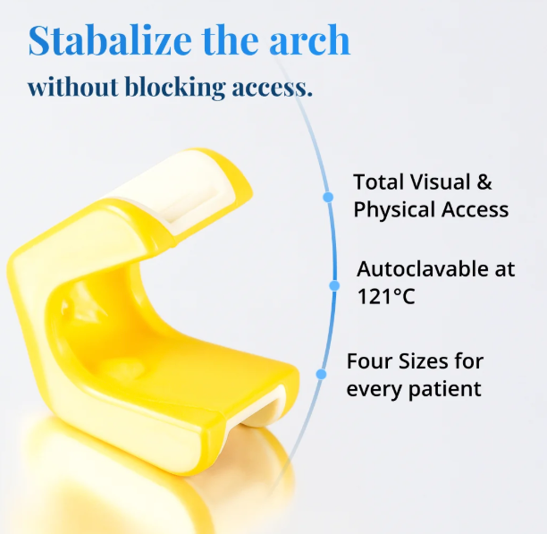 LogiBloc bite block stabilizes the arch without blocking access, autoclavable at 121°C, 4 sizes