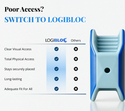 LogiBloc bite block compared to other bite blocks for visual access, physical access and fit