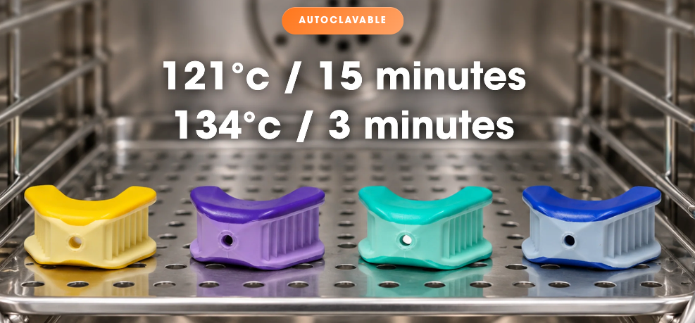 LogiBloc bite blocks in an autoclave, 121°C for 15 minutes or 134°C for 3 minutes