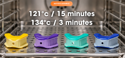 LogiBloc bite blocks in an autoclave, 121°C for 15 minutes or 134°C for 3 minutes