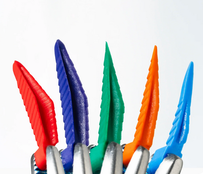 FlexiWedge interproximal wedges in red, purple, green, orange and blue held in pliers